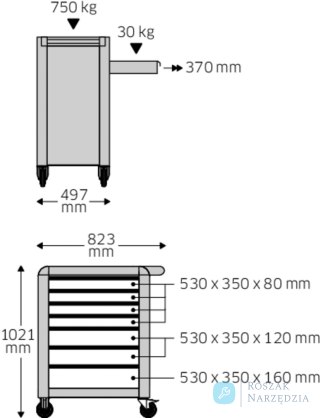 Wózek warsztatowy TTS 7-szufl.antracytowy z nakładkami, 1021x823x 497 mm; max obciążenie: 30kg na szufladę; 750 kg na wózek STAH