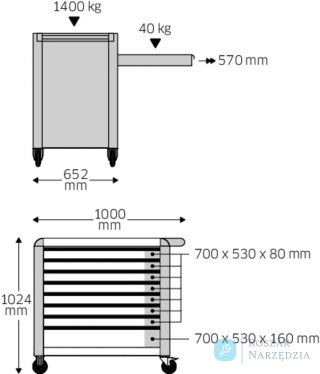 Wózek warsztatowy TTS 8-szuflad niebieski z nakładkami, 1000x1024x 652 mm; max obciążenie: 40kg na szufladę; 1400 kg na wózek S