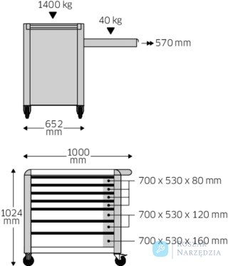 Wózek warsztatowy TTS 7-szuflad antracytowy z nakładkami, 1000x1024x 652 mm; max obciążenie: 40kg na szufladę; 1400 kg na wózek