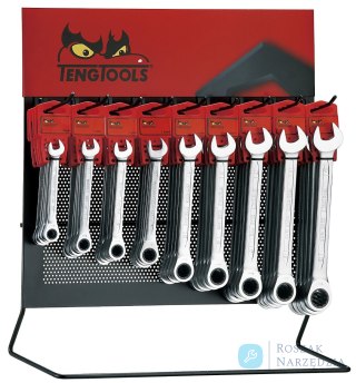Stojak ekspozycyjny z kluczami płasko-oczkowymi zapadkowymi Teng Tools DIS-RS65