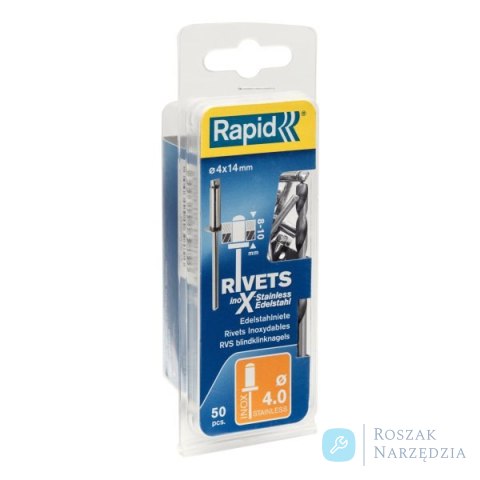 Nity Rapid ze stali nierdzewnej ?4,0 x 14 mm - opakowanie 50 szt.; zawiera wiertło Nity Rapid ze stali nierdzewnej ?4,0 x 14 mm - opakowanie 50 szt.; zawiera wiertło