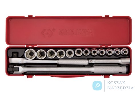 ZESTAW NASADEK 1/2" 15cz. KRÓTKIE 6-kąt. 8 - 27mm, Z AKCESORIAMI, KASETA King Tony