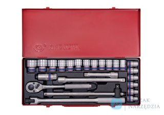 ZESTAW NASADEK 1/2" 24cz. KRÓTKIE 12-kąt. 10 - 32mm Z GRZECHOTKĄ I AKCESORIAMI, KASETA King Tony