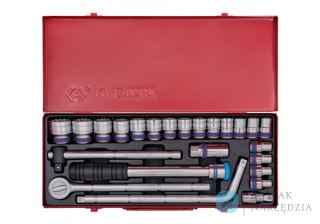 ZESTAW NASADEK 1/2" 24cz. KRÓTKIE 12-kąt. 10 - 32mm Z GRZECHOTKĄ I AKCESORIAMI, KASETA King Tony