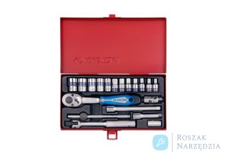 ZESTAW NASADEK 1/4" 19cz. KRÓTKIE, 6-kąt. 4 - 13mm Z GRZECHOTKĄ I AKCESORIAMI, KASETA King Tony