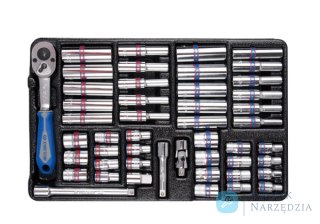ZESTAW NASADEK 1/4" 48cz. KRÓTKIE / DŁUGIE, 6-kąt. 4 - 13mm, CALOWE 5/32 - 1/2" Z AKCESORIAMI, WKŁAD DO WÓZKA King Tony