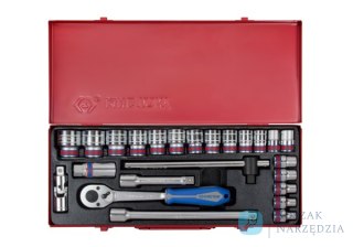ZESTAW NASADEK CALOWYCH 1/2" 24cz. KRÓTKIE 6-kąt. 3/8" - 1.1/4" Z GRZECHOTKĄ I AKCESORIAMI, KASETA King Tony