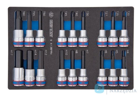 ZESTAW DŁUGICH NASADEK 1/2" HEX H4 - H17 + TORX T20 - T60, WKŁAD Z PIANKI EVA DO WÓZKA King Tony