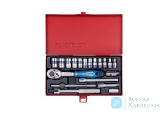 ZESTAW NASADEK 1/4" 19cz. KRÓTKIE 12-kąt. 4 - 13mm Z GRZECHOTKĄ I AKCESORIAMI, KASETA King Tony