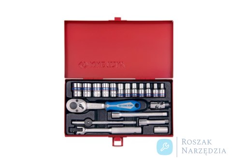 ZESTAW NASADEK 1/4" 19cz. KRÓTKIE 12-kąt. 4 - 13mm Z GRZECHOTKĄ I AKCESORIAMI, KASETA King Tony