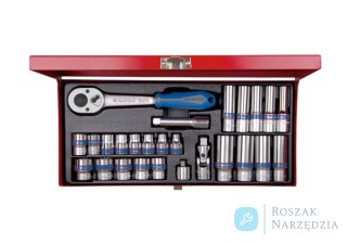 ZESTAW NASADEK 3/8" 27cz. KRÓTKIE 12-kąt. 7 - 19mm / DŁUGIE 6-kąt. 8 - 19mm Z GRZECHOTKĄ I AKCESORIAMI, KASETA King Tony