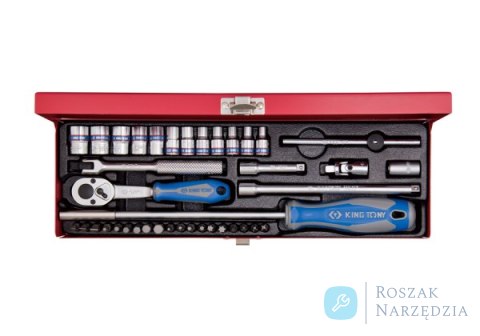 ZESTAW NARZĘDZI 1/4" 39cz. NASADKI KRÓTKIE, 6-kąt. 4 - 13mm + BITY, Z GRZECHOTKĄ I AKCESORIAMI, KASETA King Tony