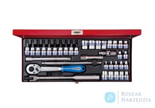 ZESTAW NARZĘDZI 3/8" 34cz. NASADKI KRÓTKIE 6-kąt. 6 - 19mm, E4 - E18, T8 - T40 Z GRZECHOTKĄ I AKCESORIAMI, KASETA King Tony