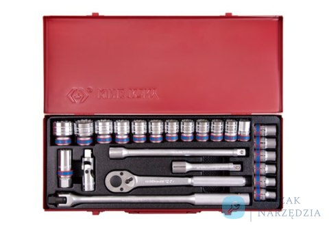 ZESTAW NASADEK 1/2" 24cz. KRÓTKIE 12-kąt. 10 - 32mm Z GRZECHOTKĄ I AKCESORIAMI, KASETA King Tony