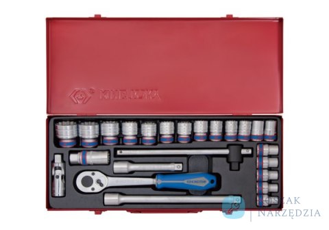 ZESTAW NASADEK 1/2" 24cz. KRÓTKIE 12-kąt. 10 - 32mm Z GRZECHOTKĄ I AKCESORIAMI, KASETA King Tony