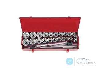 ZESTAW NASADEK 3/4" 26cz. KRÓTKIE 12-kąt. 22-50mm, CALOWE 7/8'''' -2" Z POKRĘTŁEM I AKCESORIAMI, KASETA''' King Tony
