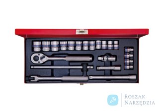 ZESTAW NASADEK 3/8" 23cz. KRÓTKIE 12-kąt. 6 - 22mm Z GRZECHOTKĄ I AKCESORIAMI, KASETA King Tony
