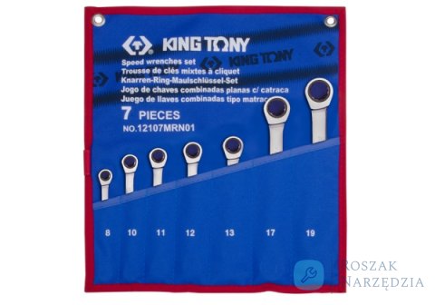 ZESTAW KLUCZY PŁASKO-OCZKOWYCH Z GRZECHOTKĄ JEDNOKIERUNKOWĄ 7cz. 8 - 19mm, ETUI King Tony