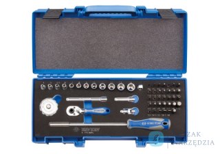 ZESTAW NARZĘDZI 1/4" 53cz. NASADKI KRÓTKIE, 6-kąt. 4 - 14mm, HEX, TORX, PH, PZ, PŁASKIE, Z GRZECHOTKĄ I AKCESORIAMI, WALIZKA Kin