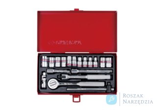 ZESTAW NASADEK CALOWYCH 1/4" 18cz. KRÓTKIE, 6/8-kąt. 5/32 - 1/2" Z GRZECHOTKĄ I AKCESORIAMI, KASETA King Tony