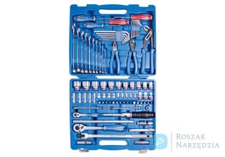 ZESTAW NARZĘDZI 87 cz. NASADKI 1/4"+1/2" 5 - 32mm, 6-kąt. Z GRZECHOTKAMI, SZCZYPCE, WKRĘTAKI, KLUCZE I AKCESORIA, WALIZKA King T
