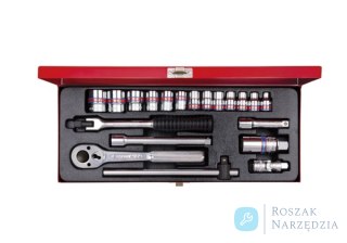 ZESTAW NARZĘDZI CALOWYCH 3/8" 20cz. NASADKI KRÓTKIE 12-kąt. 1/4 - 7/8" Z GRZECHOTKĄ I AKCESORIAMI, KASETA King Tony