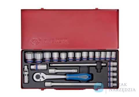 ZESTAW NASADEK 1/2", 24cz. KRÓTKIE 6-kąt. 10 - 32mm Z GRZECHOTKĄ I AKCESORIAMI, KASETA King Tony