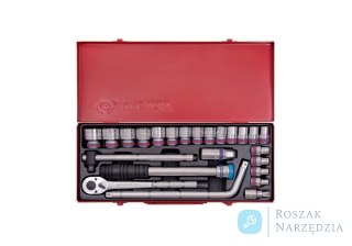 ZESTAW NASADEK CALOWYCH 1/2" 24cz. KRÓTKIE 6-kąt. 5/16" - 1.1/4" Z GRZECHOTKĄ I AKCESORIAMI, KASETA King Tony