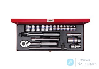 ZESTAW NARZĘDZI 3/8" 20cz. NASADKI KRÓTKIE 12-kąt. 6 - 22mm Z GRZECHOTKĄ I AKCESORIAMI, KASETA King Tony