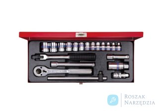 ZESTAW NARZĘDZI 3/8" 20cz. NASADKI KRÓTKIE 12-kąt. 6 - 22mm Z GRZECHOTKĄ I AKCESORIAMI, KASETA King Tony