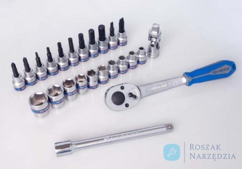 ZESTAW NARZĘDZI 3/8" 24cz. NASADKI KRÓTKIE 6-kąt. 6 - 22mm, HEX 3 - 10, KRZYŻ. 2,3 PŁASKIE 5, 8 Z GRZECHOTKĄ I AKCESORIAMI, KASE