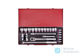 ZESTAW NASADEK CALOWYCH 1/2" 24cz. KRÓTKIE 6-kąt. 5/16" - 1.1/4" Z GRZECHOTKĄ I AKCESORIAMI, KASETA King Tony