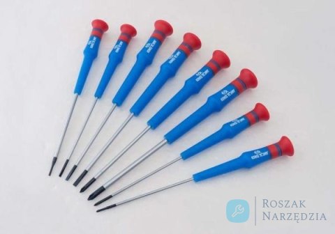 ZESTAW WKRĘTAKÓW PRECYZYJNYCH 8cz. KRZYŻAK No.000 - 1 x 75mm, PŁASKIE 1,5 - 3,0 x 75mm, PUDEŁKO King Tony
