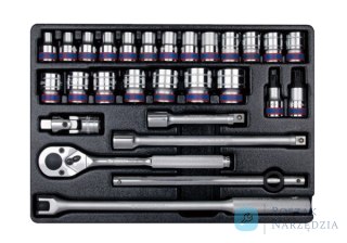 ZESTAW NASADEK 1/2" KRÓTKIE 6-kąt. 8 - 32mm Z AKCESORIAMI, WKŁAD DO WÓZKA, 28 cz. King Tony