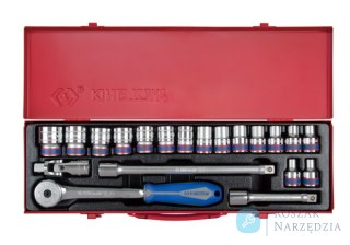 ZESTAW NASADEK 1/2" 20cz. KRÓTKIE 6-kąt. 8 - 27mm Z GRZECHOTKĄ I AKCESORIAMI, KASETA King Tony