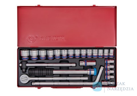 ZESTAW NASADEK 1/2" 24cz. KRÓTKIE 6-kąt. 10 - 32mm Z AKCESORIAMI, KASETA King Tony