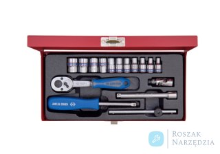ZESTAW NASADEK 1/4" 16cz. KRÓTKIE 6-kąt. 4 - 13mm Z GRZECHOTKĄ I AKCESORIAMI, KASETA King Tony