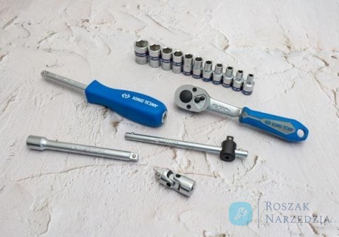 ZESTAW NASADEK 1/4" 16cz. KRÓTKIE 6-kąt. 4 - 13mm Z GRZECHOTKĄ I AKCESORIAMI, KASETA King Tony