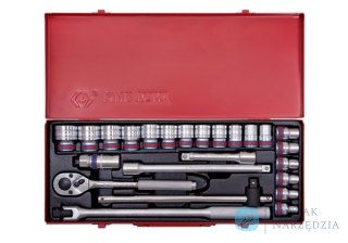 ZESTAW NASADEK CALOWYCH 1/2" 24cz. KRÓTKIE 12-kąt. 5/16" - 1.1/4" Z GRZECHOTKĄ I AKCESORIAMI, KASETA King Tony