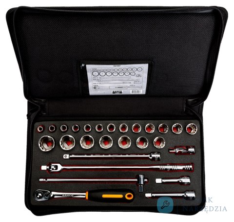 Nasadki 1/2'' zestaw 27 elementów, etui materiałowe BAHCO