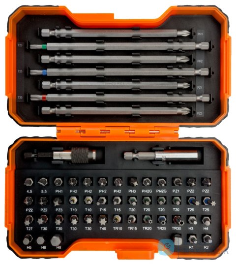 Zestaw bitów przemysłowych 54 szt. sześciokątne, płaskie, Phillips, Pozidriv, Robertson, TORX z otworem, kolorowe TORX BAHCO (8 