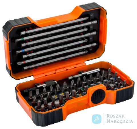 Zestaw bitów przemysłowych 54 szt. sześciokątne, płaskie, Phillips, Pozidriv, Robertson, TORX z otworem, kolorowe TORX BAHCO (8 