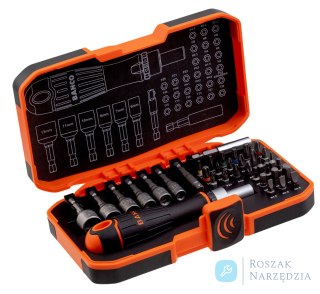 Zestaw bitów 1/4" płaskich/Phillips/Pozidriv/TORX/sześciokątnych i uchwyt wkrętaka grzechotkowego - 36 szt. BAHCO