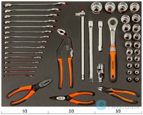 Wkład narzędziowy - nasadki 1/2" i klucze płasko-oczkowe - 47 elementów BAHCO Wkład narzędziowy - nasadki 1/2" i klucze płasko-oczkowe - 47 elementów BAHCO