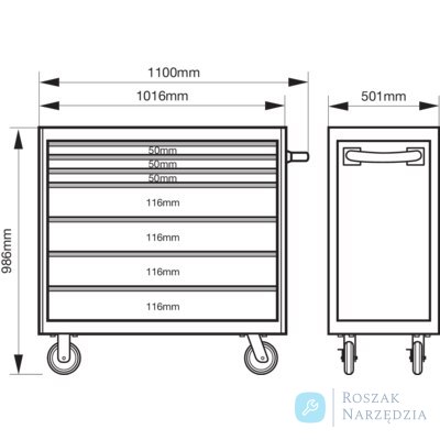 Wózek narzędziowy ze stali nierdzewnej, 900 kg udźwig, XL, 7 szuflad 880x445 mm BAHCO