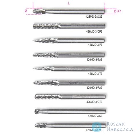 Pilnik obrotowy z węglika spiekanego ZYA Ø 3 mm, dł. 38.1 mm, chwyt 3 mm, 426MD-3 Beta