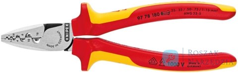 Szczypce  VDE  do zagniatania tulejek kablowych, z 2-komponentową rękojeścią 180mm 0,25-16 mm KNIPEX