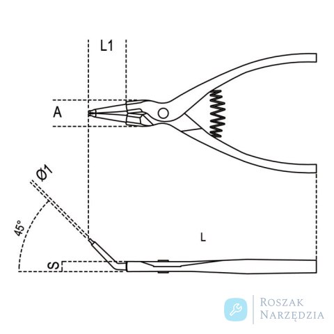 Szczypce do pierścieni segera zewnętrznych odgięte o 45° 140x0,9 mm, Ø 3-10 mm, 1037/140X0.9 Beta