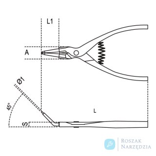 Szczypce do pierścieni segera zewnętrznych odgięte o 45° 140x1,3 mm, Ø 10-25 mm, 1037/140X1.3 Beta