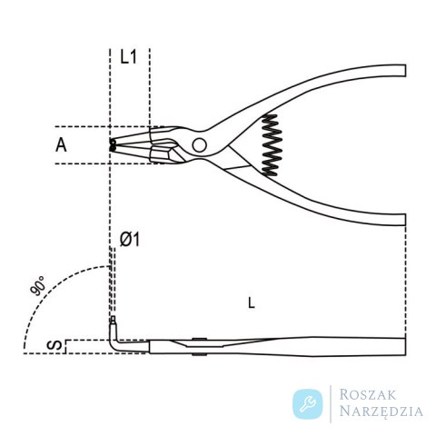 Szczypce do pierścieni segera zewnętrznych odgięte o 90° 175 mm, Ø 19-60 mm do pracy na wysokościach, 1038HS/175 Beta